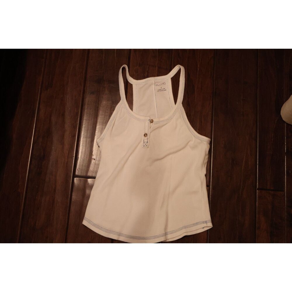 PILCRO Anthropologie White Ribbed Henley Tank Top Blue Contrast Stitch - Small